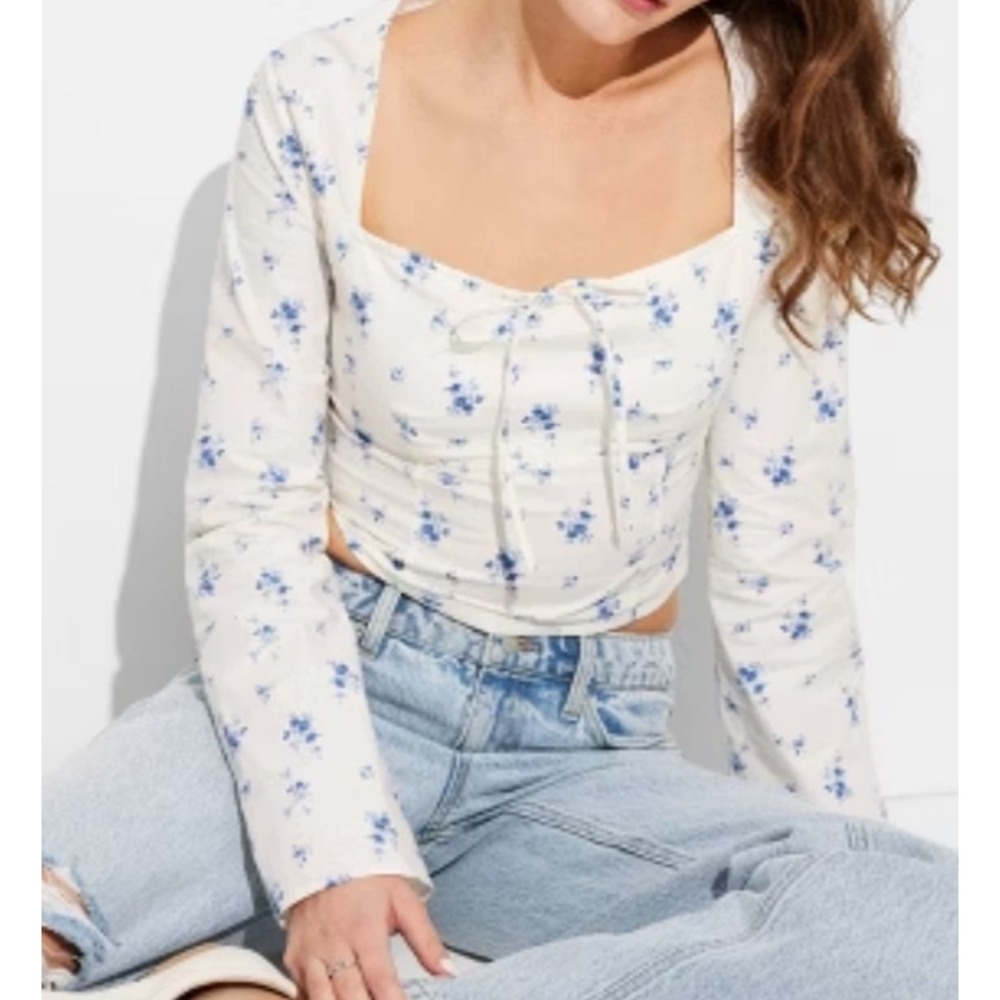 Wild Fable Blouse Womens S White Floral Long Sleeve Square Neck Crop Top New
